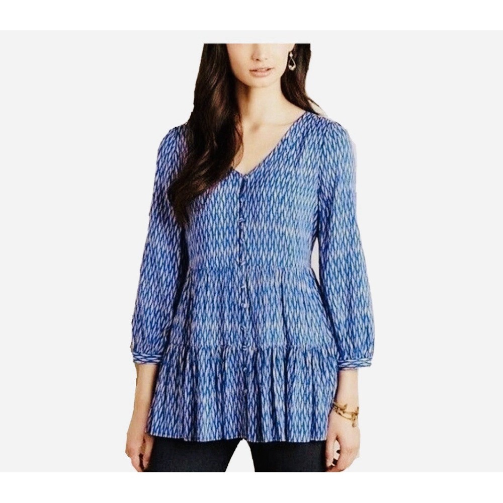 Maeve Anthropologie Lila Blue/White  Tiered Button Up‎ Tunic Top Pockets S/Small